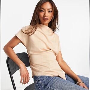 ASOS DESIGN short sleeved drape front top with tab side in camel